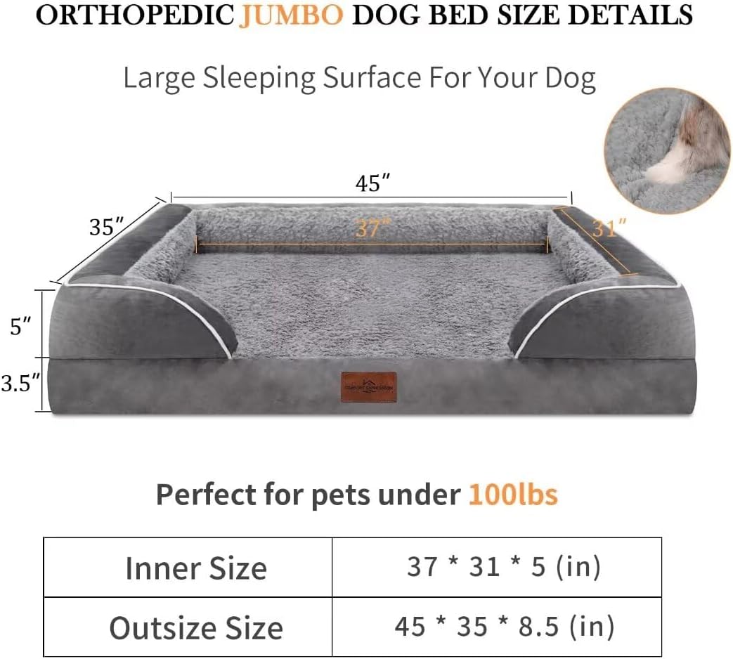 Comfort Expression Memory Foam Dog Beds, Orthopedic Dog Beds for Extra Large Dogs, Waterproof Dogs Beds Jumbo Breed, with Bolster & Removable Cover(Jumbo,Silver Grey) - Pet Explorer