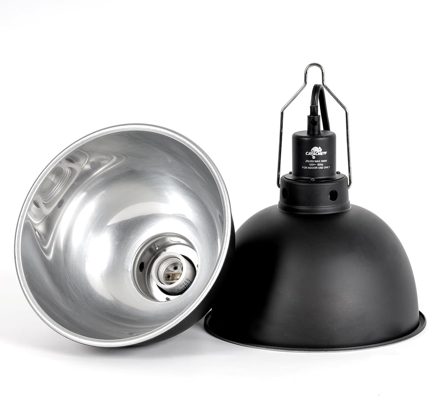 2 Pack Reptile Light Fixture, 8.5in Deep Dome Reptile Lamp Fixture, Optical Reflection Cover, Separate Switche & Hook, Terrarium Light Fixture for Reptile Heat Basking UVB Bulbs, 150W, Black - Pet Explorer