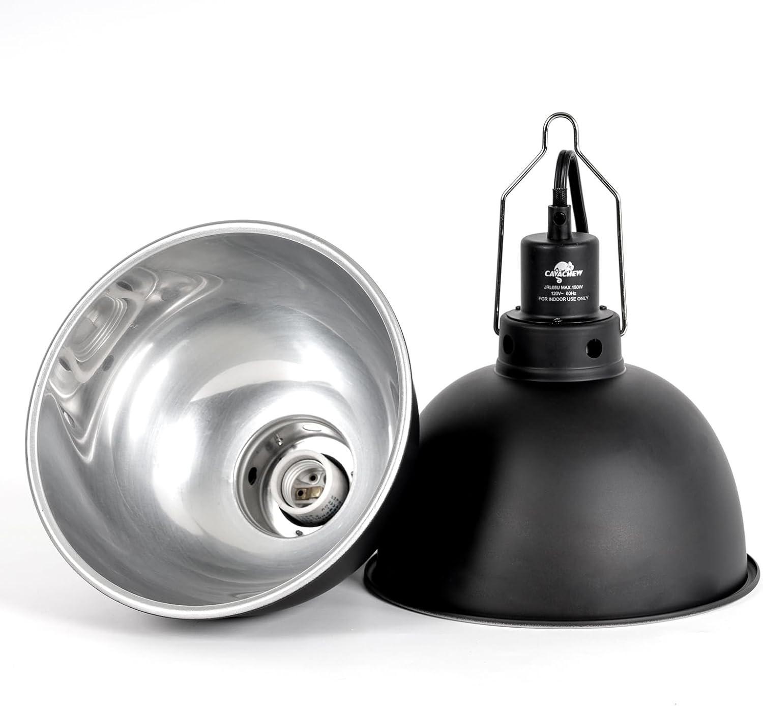 2 Pack Reptile Light Fixture, 8.5in Deep Dome Reptile Lamp Fixture, Optical Reflection Cover, Separate Switche & Hook, Terrarium Light Fixture for Reptile Heat Basking UVB Bulbs, 150W, Black - Pet Explorer