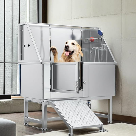 YITAHOME 50in Dog Bathing Station, Professional Stainless Steel 304 Dog Bathtub, Pet Grooming Tub w/Left Ramp, Floor Grate, Faucet, Pet Washing Station for Large, Medium, Small Pets, Indoor, Outdoor - Pet Explorer