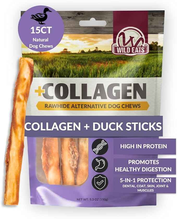 Wild Eats Real Duck Collagen Retriever Sticks for Dogs, (15 Count), Long Lasting Dog Chews, No Hide Dog Treat Bully Stick Alternative, Rawhide Free, Low Fat, High Protein, Grain Free