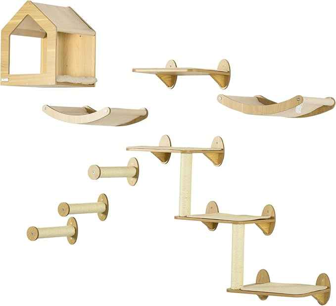 10-Piece Wall-Mounted Cat Tree Set, Multi-Level Cat Climbing Shelves with House, Hammocks, Perches and Scratching Posts for Indoor Cats, Wooden Cat Furniture