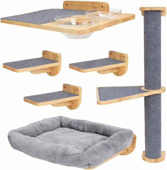 Cat Wall Shelves – Cat Wall Climber with Cat Scratch Post, Removable Bed, Climbing Steps, and Feeding Terrace with Glass Bowls, Waterproof Rubberwood Pet Furniture