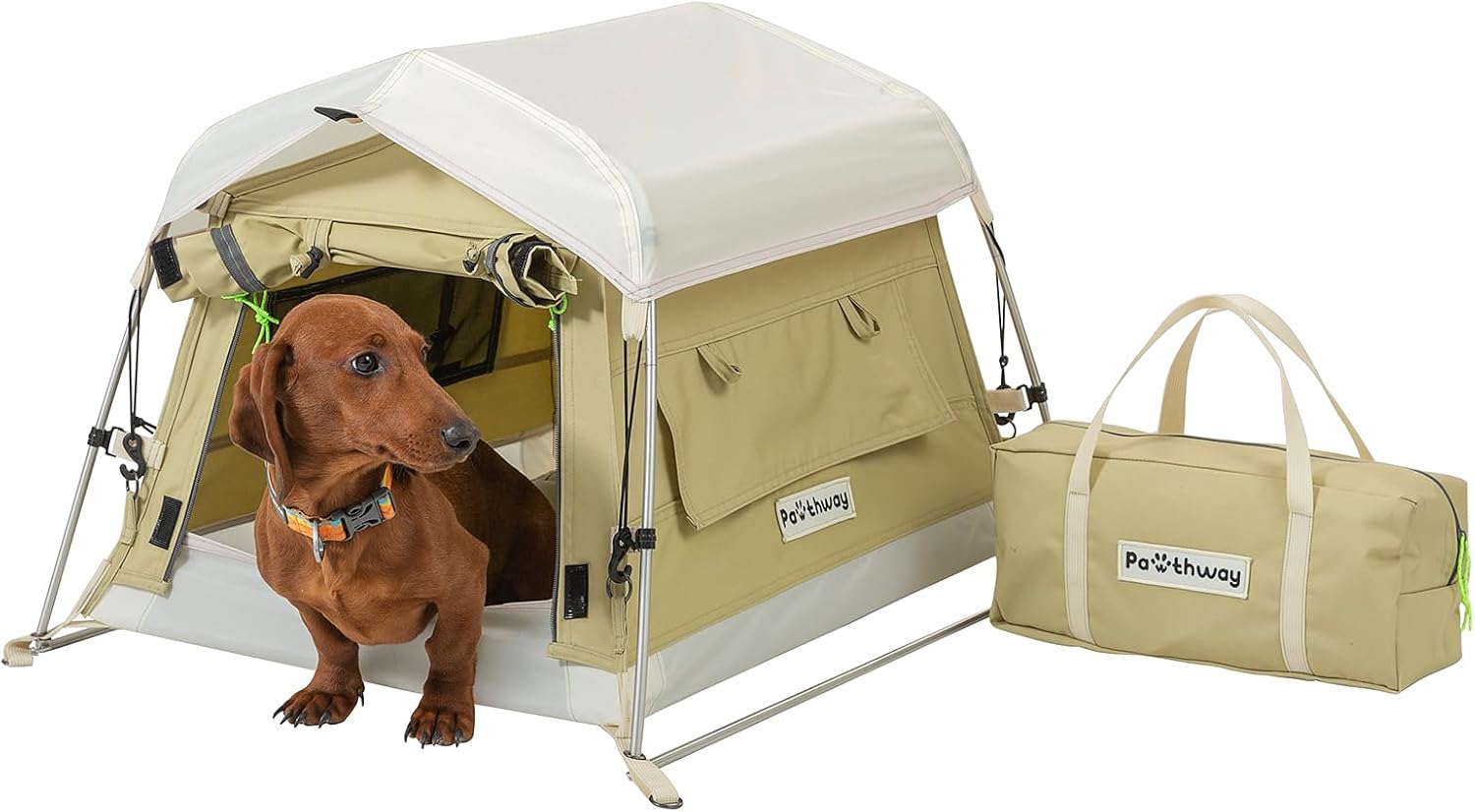 Dog Tent Cotton Fabric, Aluminum Poles and Camping Mat, Outdoor Weatherproof, Dog House Outdoor, Breathable with 2 Side Windows, Portable and Collapsible (Green, Small) - Pet Explorer