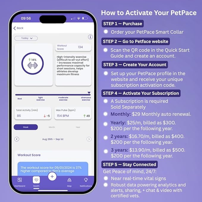 New PetPace V3.0 Cat Health Monitor by PetPace – AI Health Collar with 24/7 Vital Signs Alerts, GPS, Telehealth Consults, AskaVet & Share with Your Vet & SmartWatch Sync – Subscription Required