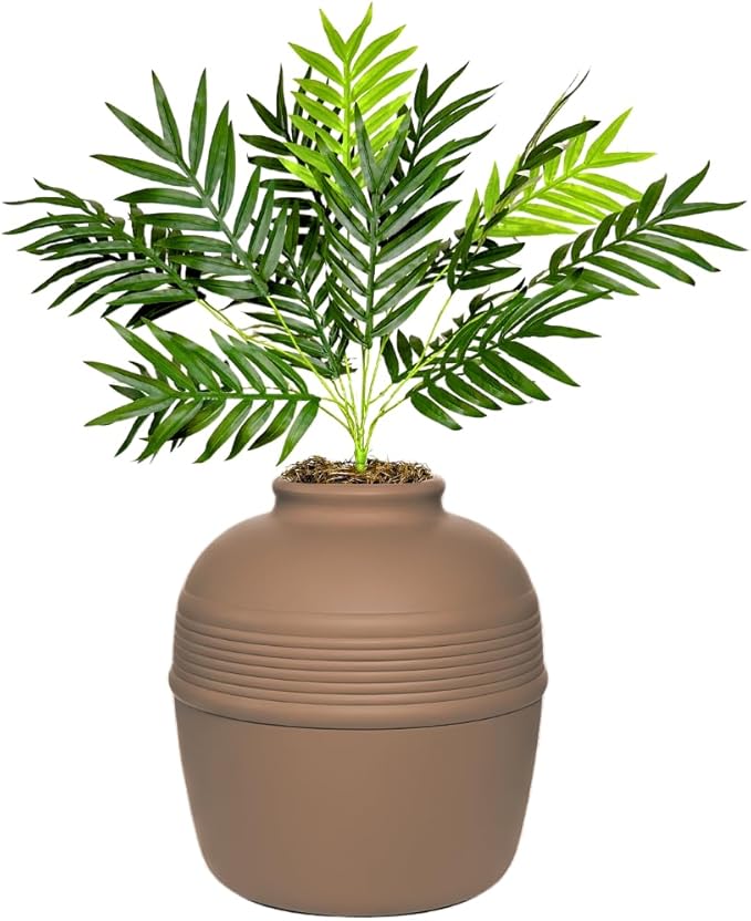 Good Pet Stuff Hidden Litter Box Planter, Decorative Cat Litter Enclosure with Carbon Filter, Artificial Plant, Easy Clean, Removable Liner, Round Style, Essentials Kit, Chestnut Brown