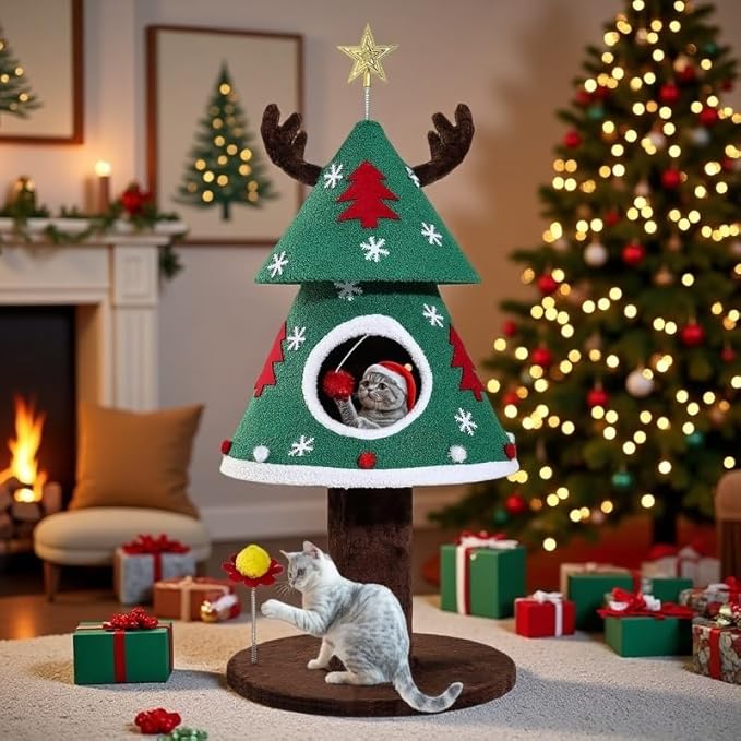 DWVO Christmas Cat Houses for Indoor Cats, Christmas Cat Tree Tower with 2 Cozy Houses, Kitty Furniture with Teaser Plaything for Christmas Decoration