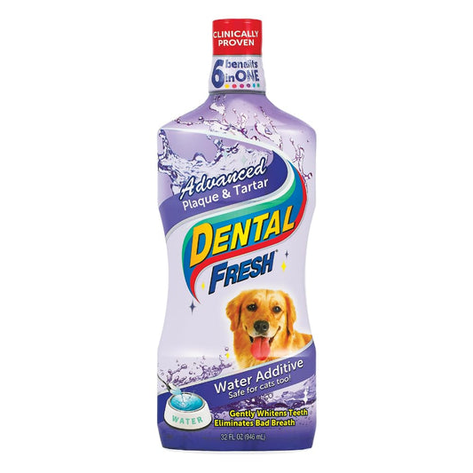Dental Fresh Advanced Plaque and Tartar Water Additive, 32oz – Dog Teeth Cleaning Formula to Freshen Breath and Improve Cat & Dog Dental Care - Pet Explorer