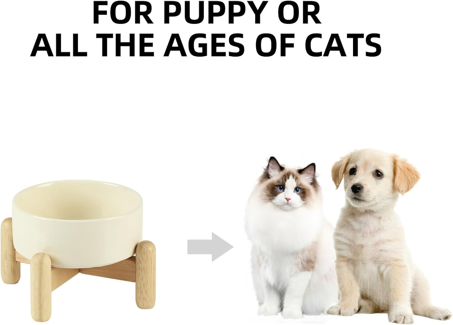 Ceramic 5.1inch Raised Dog and Cat Bowl Set, Elevated with Wooden Stand, Food and Water Bowl for Small Breed Dogs, Cats, Kitty, Weighted Dog Dishes, Pet Bowls(13.5oz, Beige) - Pet Explorer