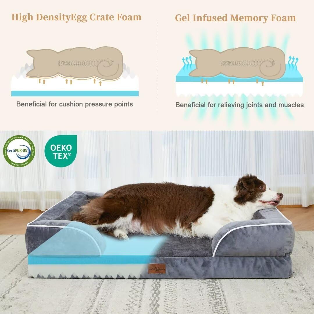 Comfort Expression Dog Beds Memory Foam, XXL Orthopedic Waterproof Dogs Beds, Giant Washable Dog Beds with Bolster & Removable Cover(XX-Large,Leaden Grey) - Pet Explorer