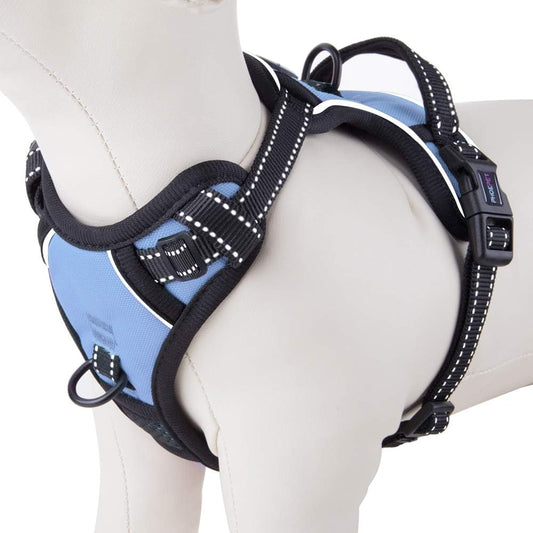PHOEPET No Pull Dog Harness Reflective Adjustable with 2 Metal Leash Hooks and Soft Training Handle [Over The Head Design](M, Baby Blue) - Pet Explorer