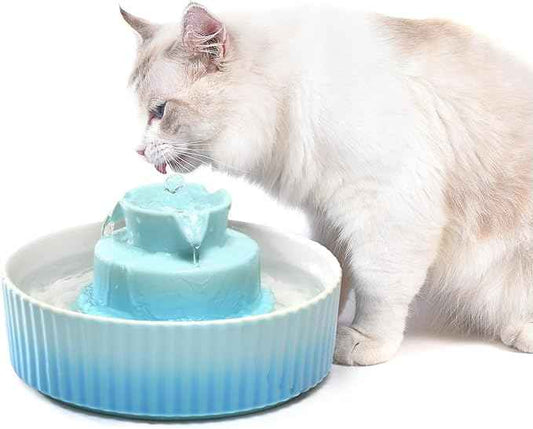 2.1L Ceramic Cat Water Fountain-for Cats and Dogs, 360 Ceramic Pet Fountain-70 Oz Large Water Capacity - Whisper-Quiet Water Flow-Great for Shy or Timid Pets - Fresh, Filtered Water (Blue)