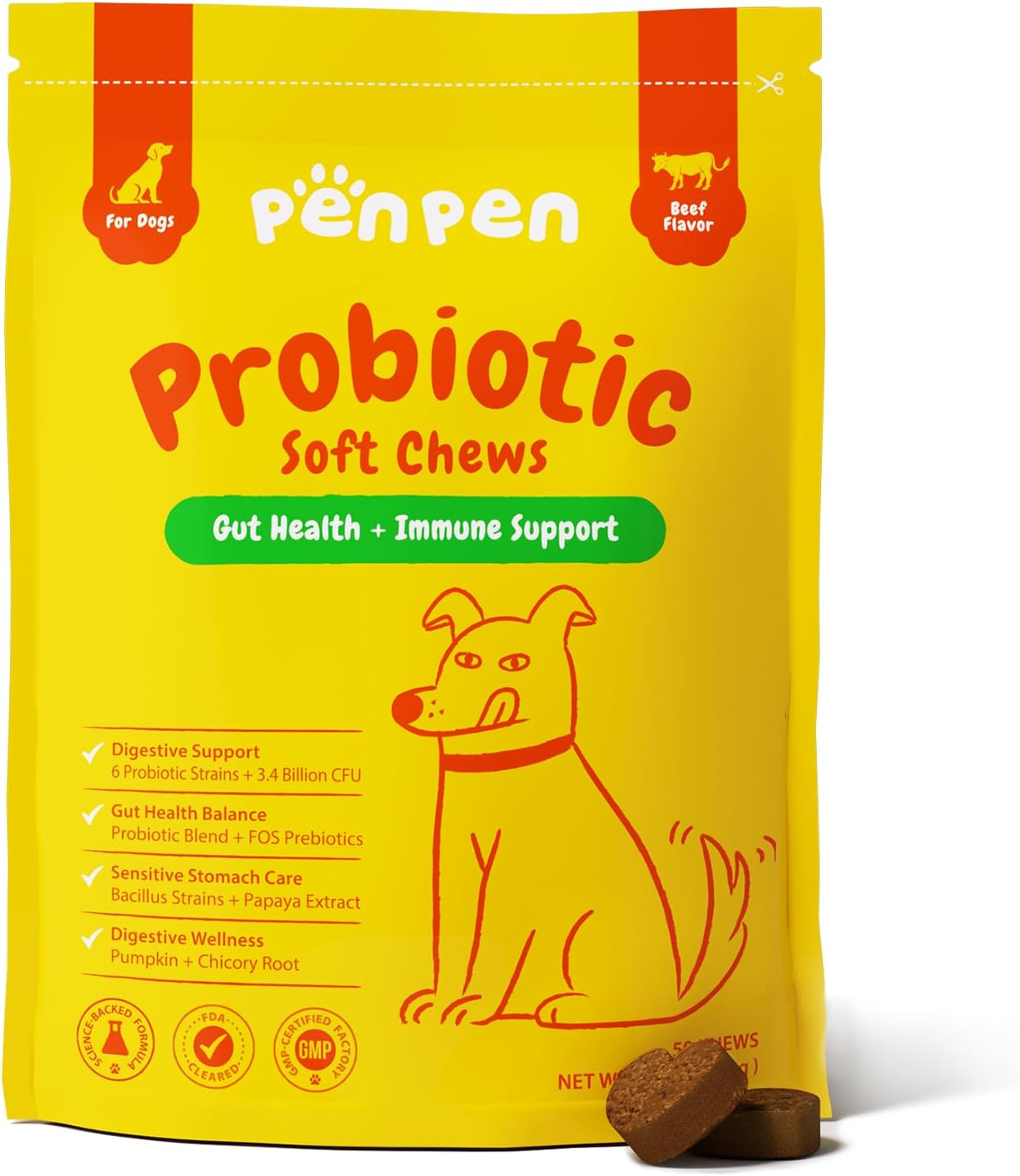 Penpen Probiotics for Dogs, Dogs Probiotics for Digestive Health, Multi-Probiotic and Enzyme Blend Promote Gut Health & Immune Support, Eases Sensitive Stomachs (Beef Chews, 50ct) - Pet Explorer