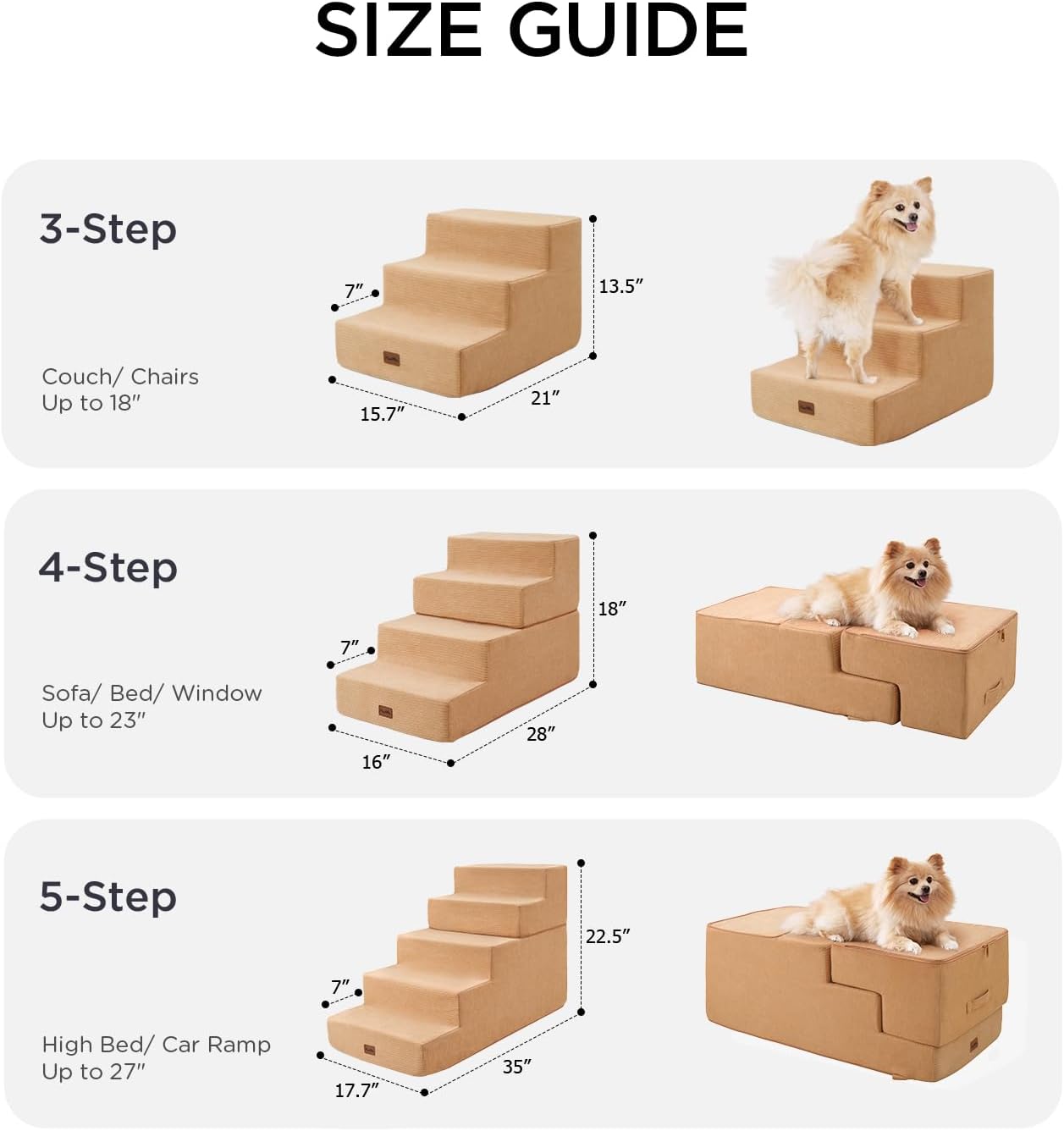 Made4Pets Dog Stairs for Small Dogs, Extra Wide Dog Steps for Bed Couch Sofa and Chair, 35D Foam Pet Steps for Small Dogs and Cats, Non-Slip Bottom Pet Stairs, Tan, 3 Steps - Pet Explorer