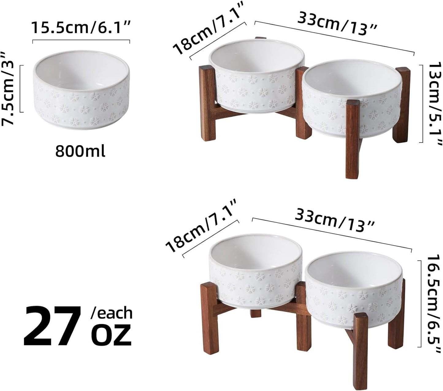 6.1inch Ceramic Raised Double Bowls Set with Acacia Wood Stand, 2 Heights Elevated, Food & Water Bowls for Small Breed Dogs, Weighted Dog Dishes, Pet Bowl(27oz, Arctic White) - Pet Explorer