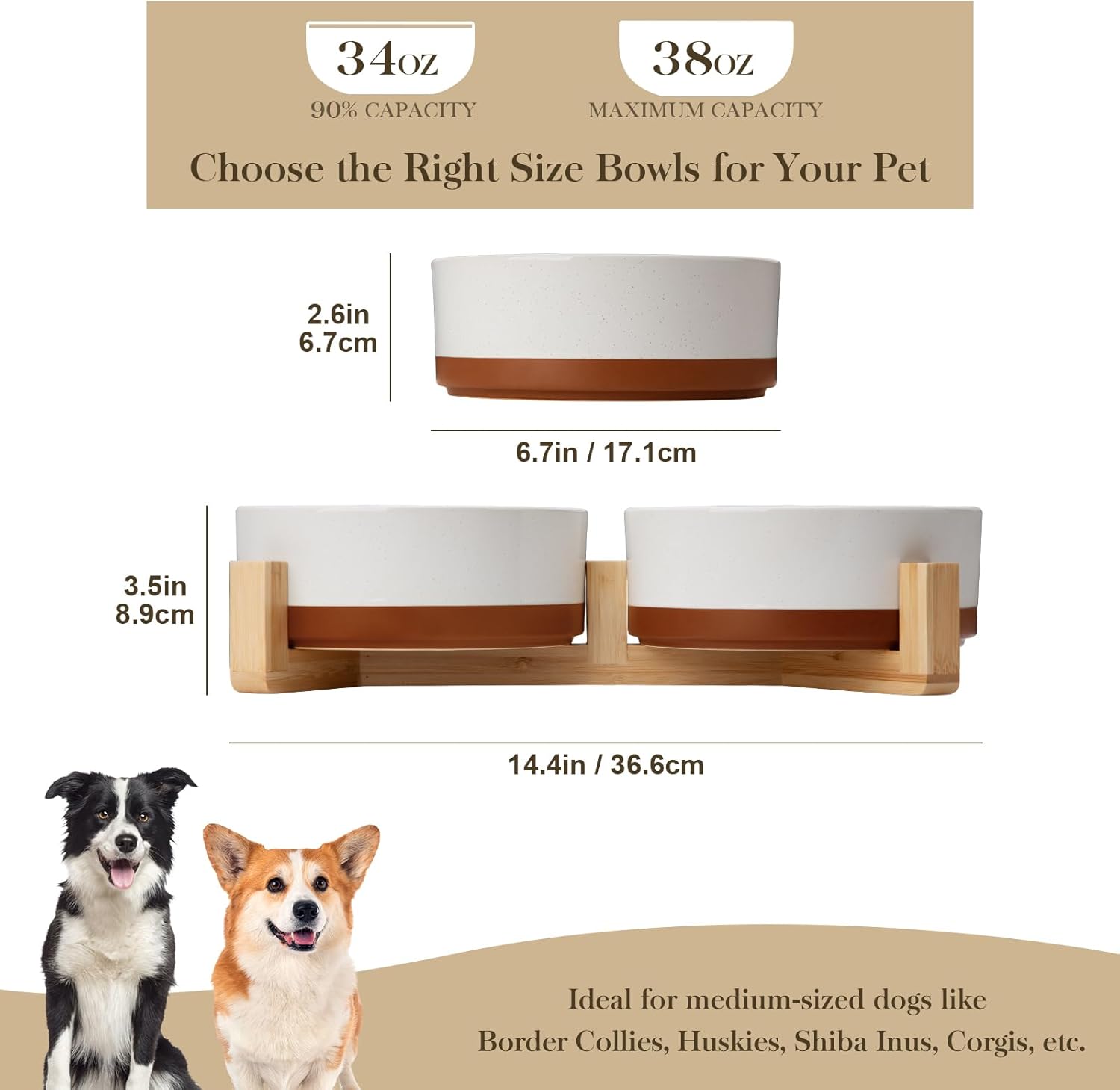 MALACASA Ceramic Dog Bowls, Dog Bowls for Medium Sized Dogs with Wood Stand - Pet Food & Water Bowl Set for Cat Medium Dogs, Weighted Glaze Matte.34 OZ (M-3.5 Cups) - Pet Explorer