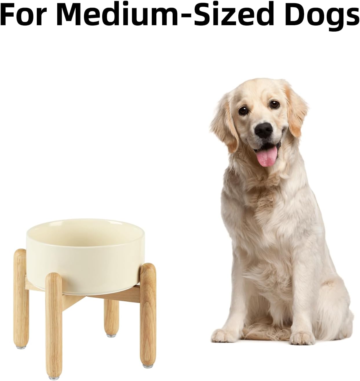 Ceramic 7.3inch Raised Dog Bowl Set, Elevated with Wooden Stand, Food and Water Bowl for Medium Breed Dogs, Weighted Dog Dishes, Pet Feeder(Beige) - Pet Explorer