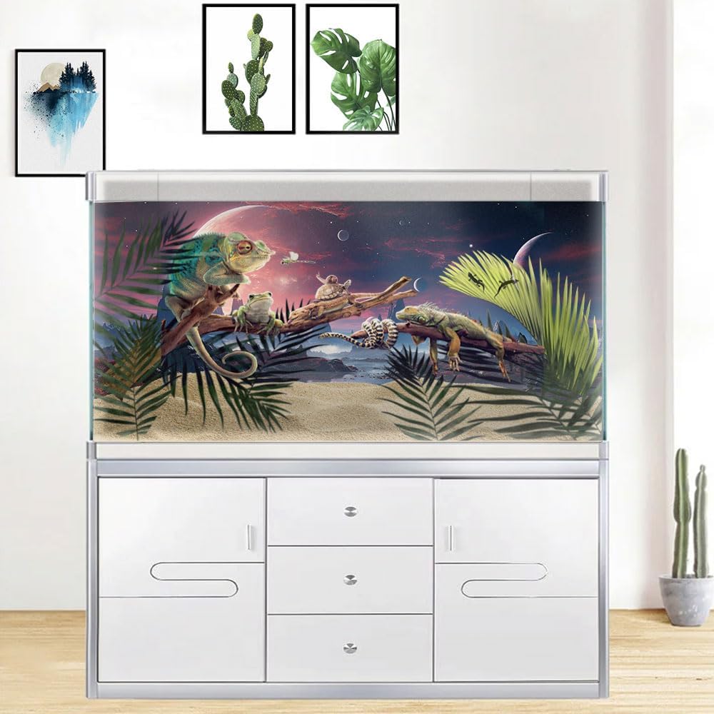 72X24IN Cosmic Spaceterrarium Background, Cool Parallel Space Themed Aquarium Reptile Habitat Background, Red Moon Aquarium Background with 10EVA Double-Sided Tape - Pet Explorer