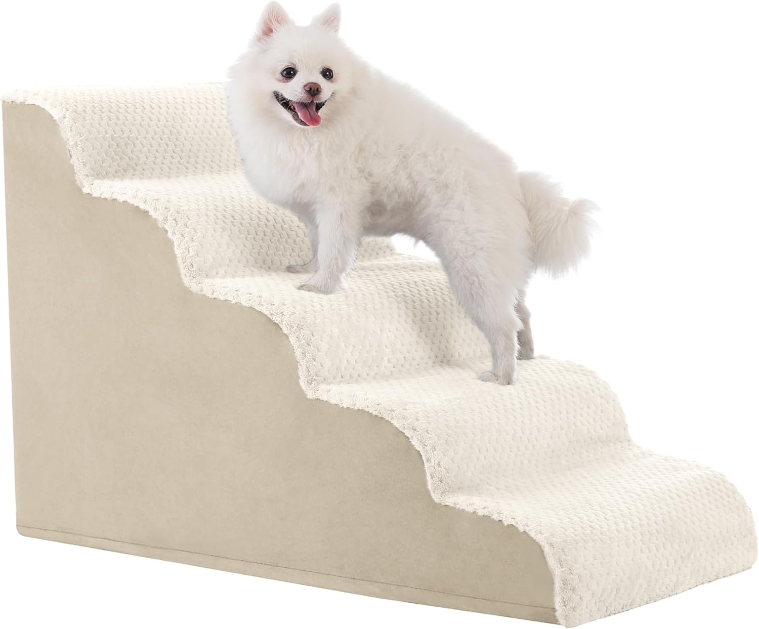 MIHIKK Dog Stairs Ramp, Curved 5-Step Dog Steps for Small Dogs and Cats, Pet Stairs for High Beds and Couch with Anti-Slip Washable Cover and Durable High Density Foam, Beige - Pet Explorer