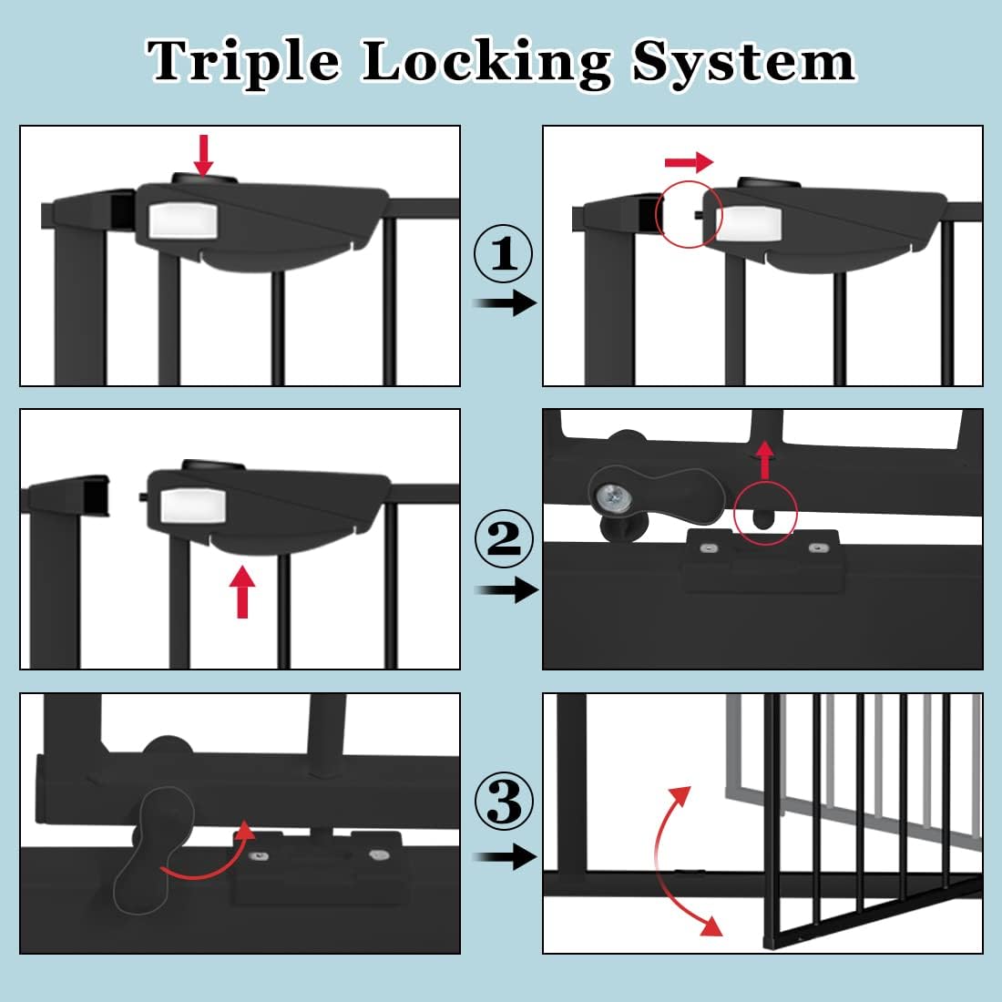 WAOWAO Triple Lock Baby Gate Extra Wide 57.87-62.59" Pressure Mounted Walk Through Swing Auto Close Safety Black Metal Dog Pet Puppy Cat for Stairs,Doorways,Kitchen