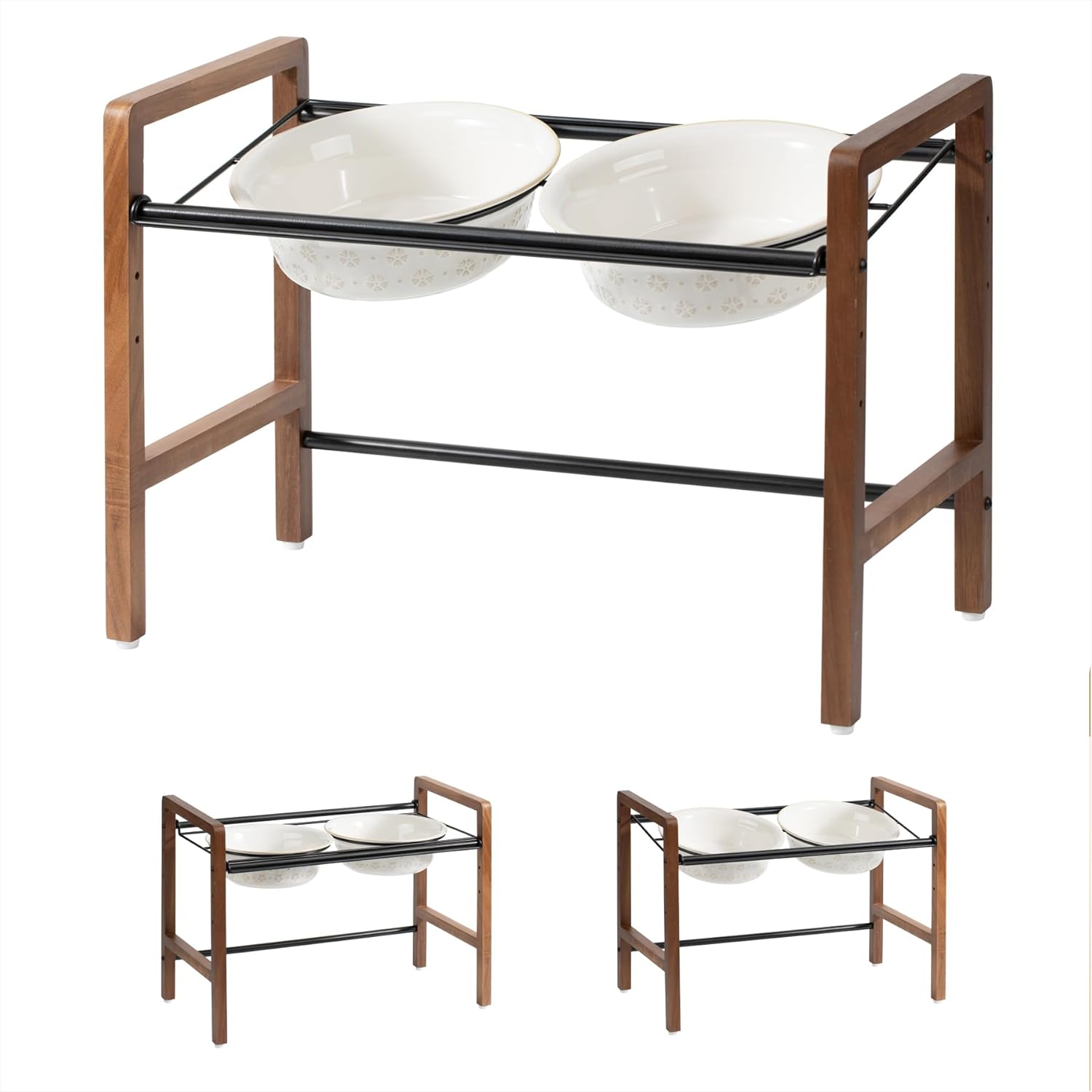 8.7inch Ceramic Adjustable Raised Double Bowls Set with Stand, 3 Heights Elevated, 2 Placement Options, Food and Water Dishes for Large Dog(Double Bowls+Stand, Reactived Glaze -White) - Pet Explorer