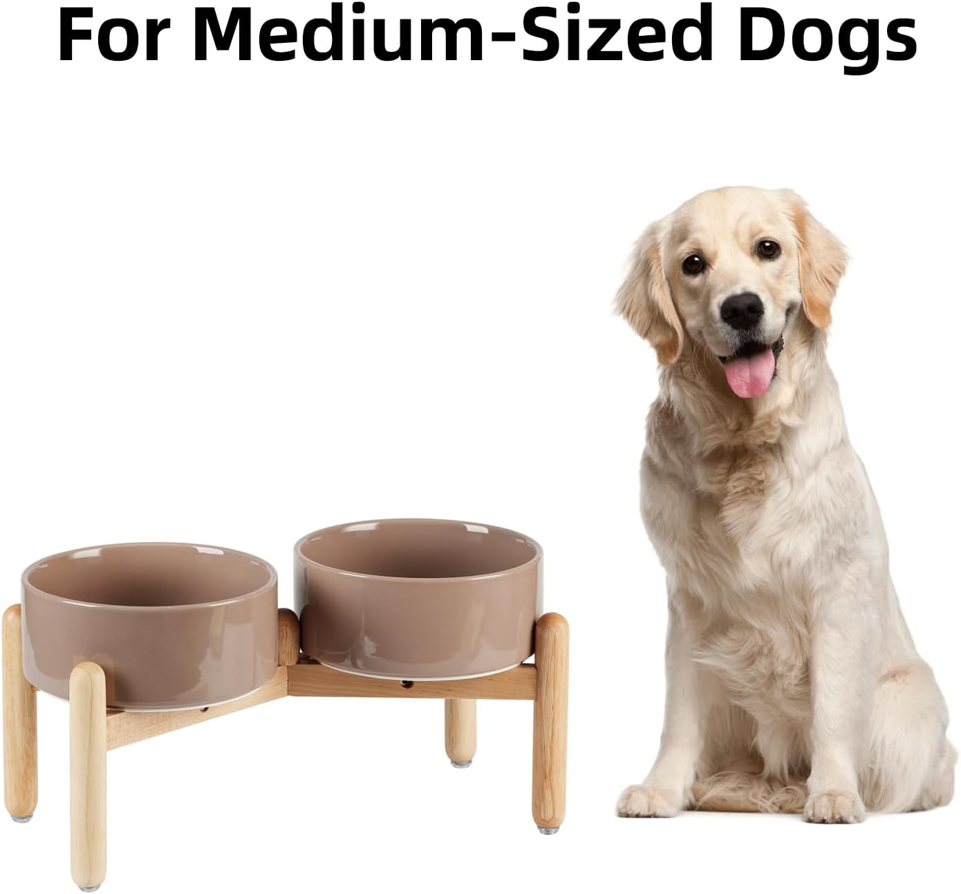 Ceramic 7.3inch Raised Double Bowls Set with Wooden Stand, Food & Water Bowls for Medium Breed Dogs, Weighted Dog Dishes, Pet Feeder(Brown Coffee) - Pet Explorer