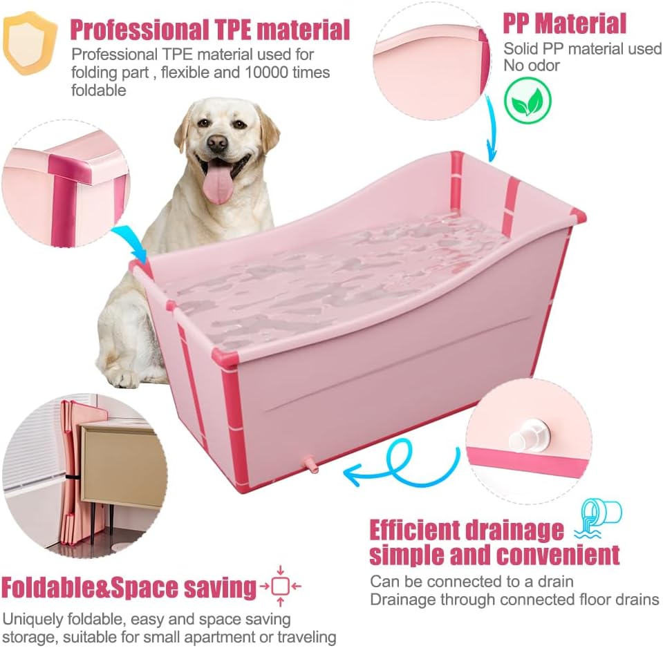Portable Dog Bathtub for Large Dogs - 48.4Gal Foldable Pet Wash Station with Drain Plug, Insulated & Non-Slip Design for Indoor/Outdoor Bathing, Grooming, Camping（Pink） - Pet Explorer