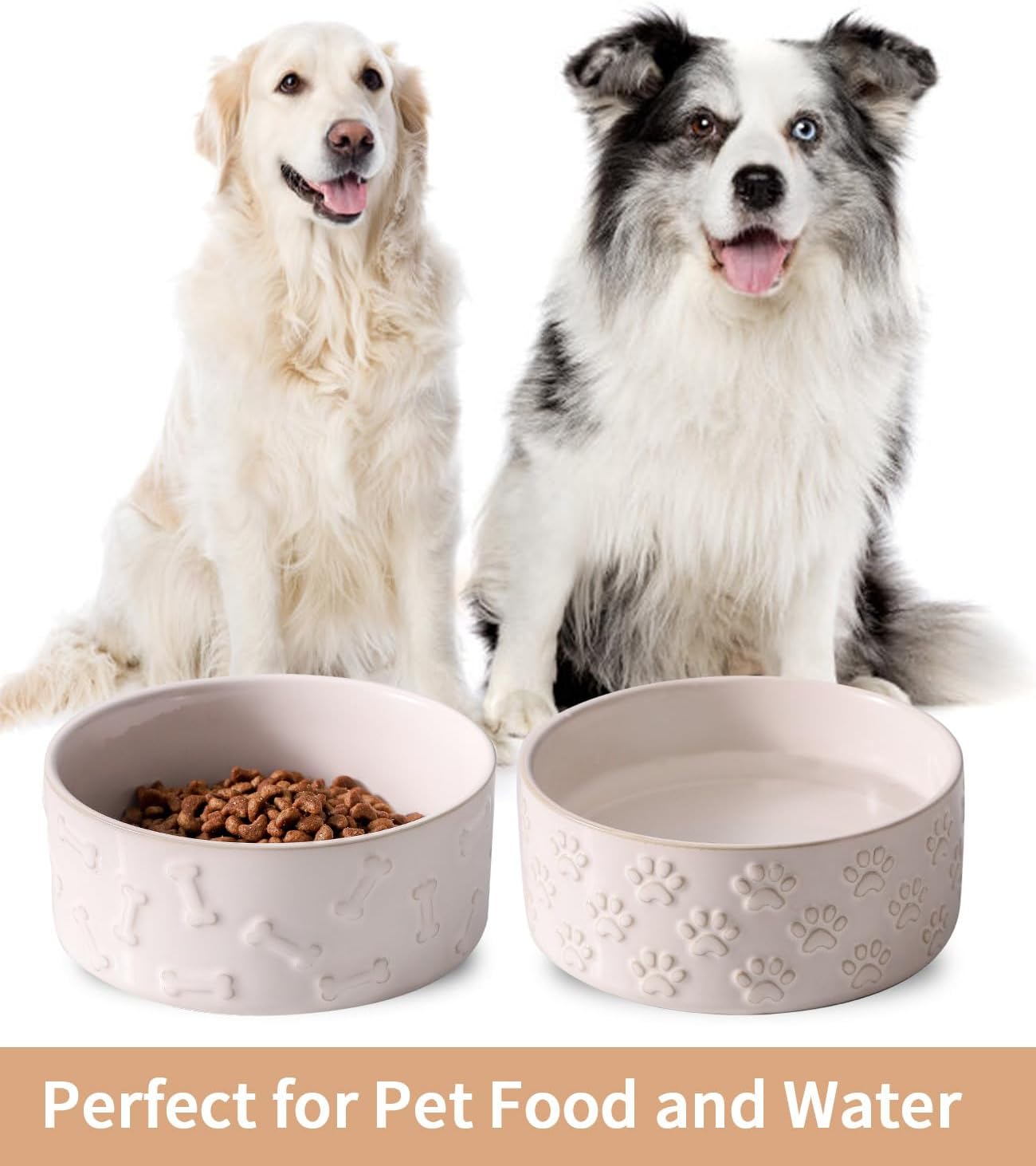 UBEE Ceramic Dog Bowl Set of 2, 6.1 inch Dog Food Bowl Dish with Bone Paw Pattern, Pet Food Water Dish Feeding for Small and Meidum Dogs and Large Cat, White - Pet Explorer