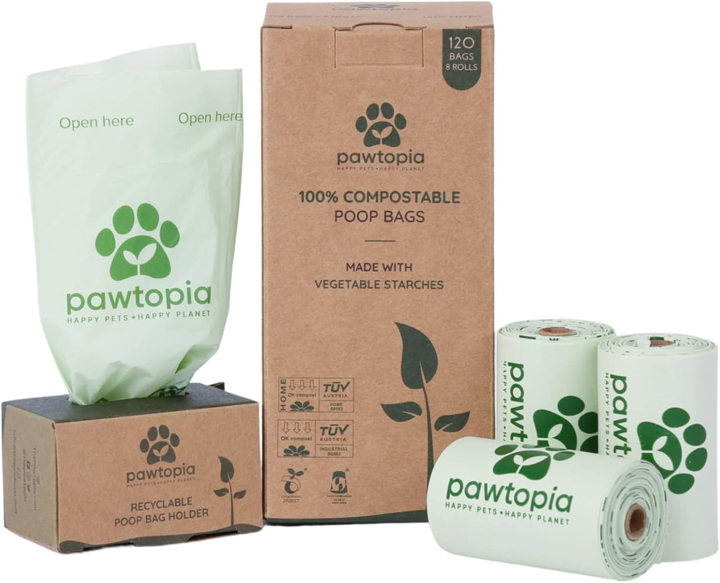 Pawtria Certified Home Compostable Dog Poop Bags (120) + Paper Dispenser, Biodegradable Poop Bags, Cat Litter, Vegetable Starches, Leak proof Dog Waste Bags, Easy to Open, Extra Thick - Pet Explorer