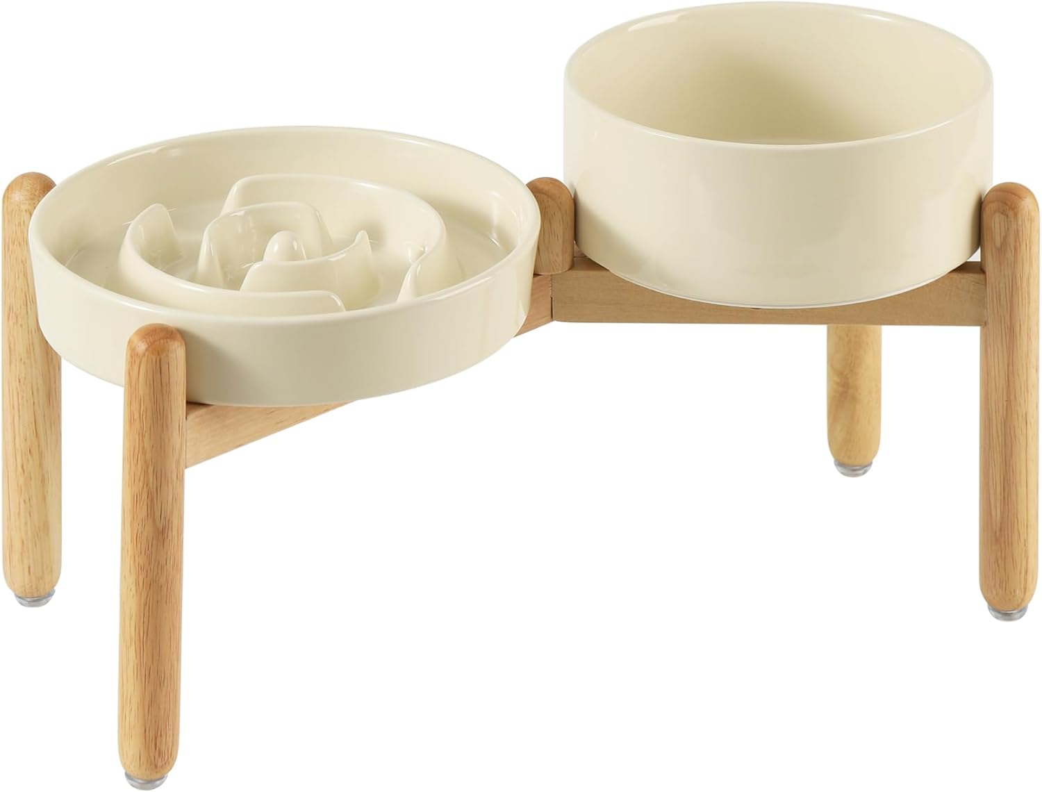Ceramic Raised Slow Feeder Dog Bowl Set, Elevated 7.3inch Bowl and 8.2inch Puzzle Slow Dish with Wooden Stand for Medium and Large Dog, Anti-Gulping (2X Beige+ Stand) - Pet Explorer