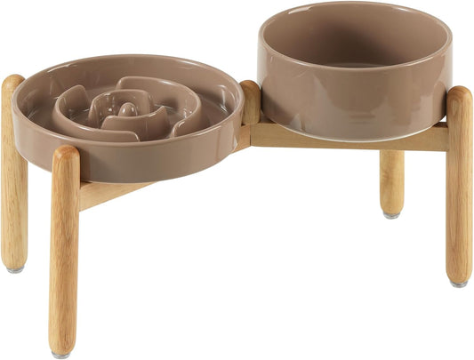 Ceramic Raised Slow Feeder Dog Bowl Set, Elevated 7.3inch Bowl and 8.2inch Puzzle Slow Dish with Wooden Stand for Medium and Large Dog, Anti-Gulping (2X Brown Coffee+ Stand) - Pet Explorer