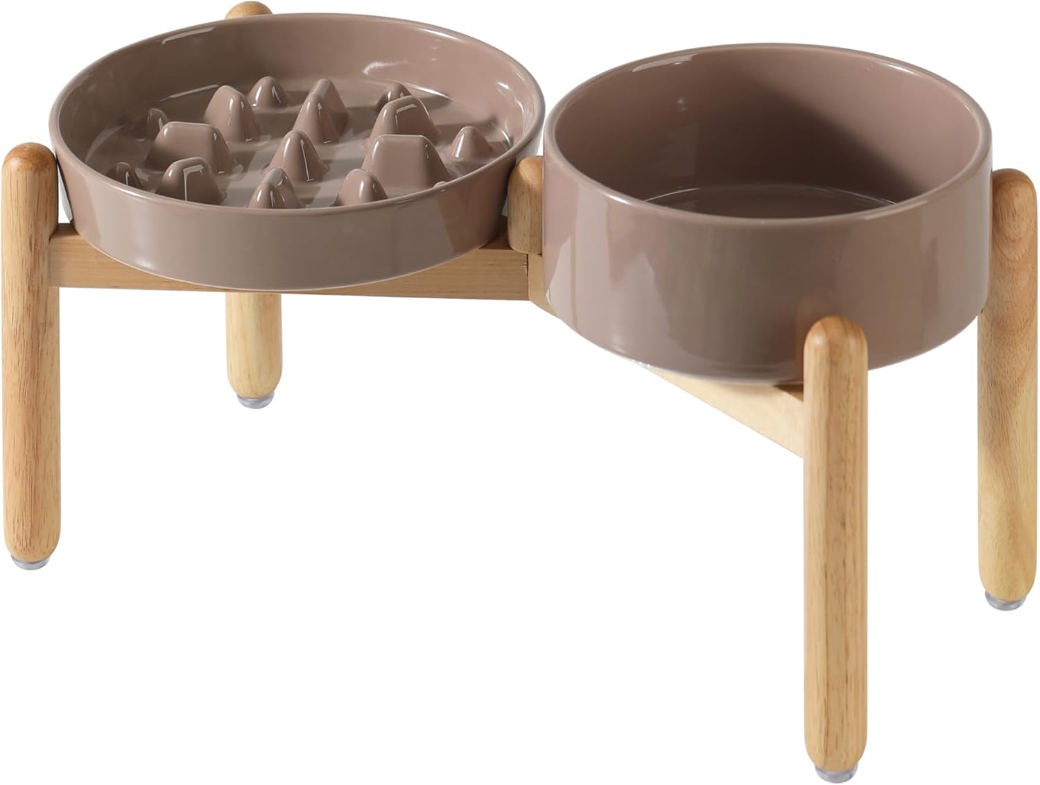 Ceramic Raised Slow Feeder Dog Bowl Set, Elevated 8.2inch Bowl and 9.5inch Slow Pet Food Dish with Wooden Stand for Large Dog (2 x Brown Coffee+ Stand) - Pet Explorer