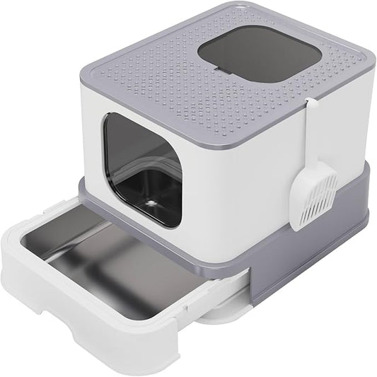 RIZZARI Stainless Steel Cat Box: Large Capacity Gray Enclosed Top-Exit Leakproof Litte Pan - Teflon Coating Resists Sticking for Easy Clean - Odor-Resistant for Modern Homes & Office