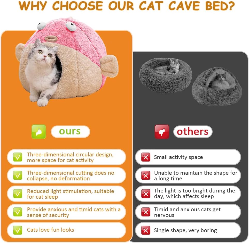 Cat Beds for Indoor Cats - Cat Bed Cave with Removable Washable Cushioned Pillow, Soft Plush Premium Cotton No Deformation Pet Bed, Lively Pufferfish Cat House Design, Pink, Multiple Sizes(M) - Pet Explorer