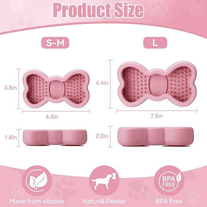 Lick Mat for Dogs, Animire Anti-Spilled Bow Tie Lick Bowls for Anxiety Relief, Silicone Slow Feeder Licking Pad with Suction Cups, Freezeable Dog Enrichment Toy for Boredom and Distraction(Pink,L)