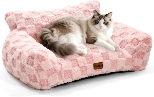 Made4Pets Cat Couch Bed, Soft Faux Fur Checkered Pet Sofa, Calming Fluffy Cat Sofa with Supportive Foam, Removable Washable Cover with Non-Slip Base, Pink, Small - Pet Explorer