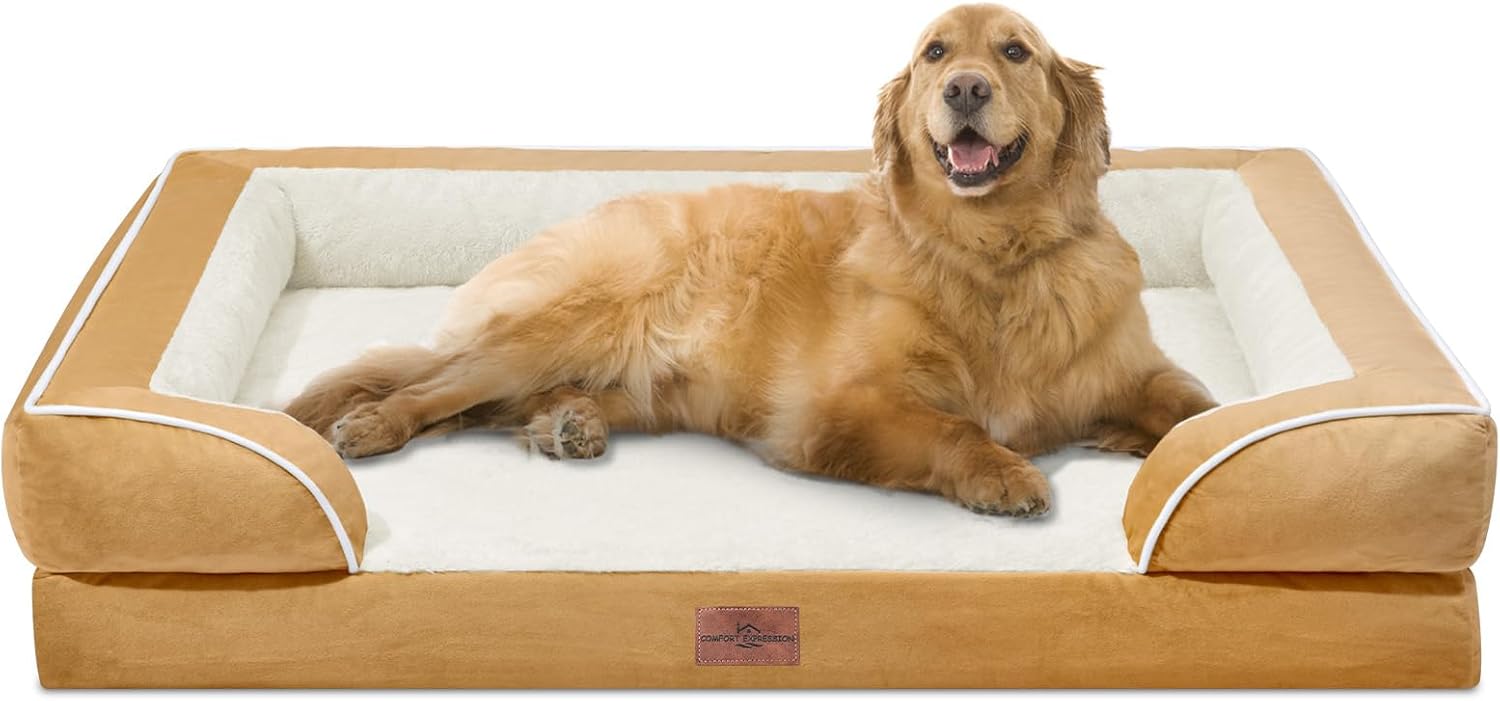 Comfort Expression Extra Large Dog Beds, XL Dog Beds Waterproof, Orthopedic Washable Dogs Beds with Bolster, Pet Sofa Couch with Removable Cover & Non-Slip Bottom(X-Large,Khaki) - Pet Explorer