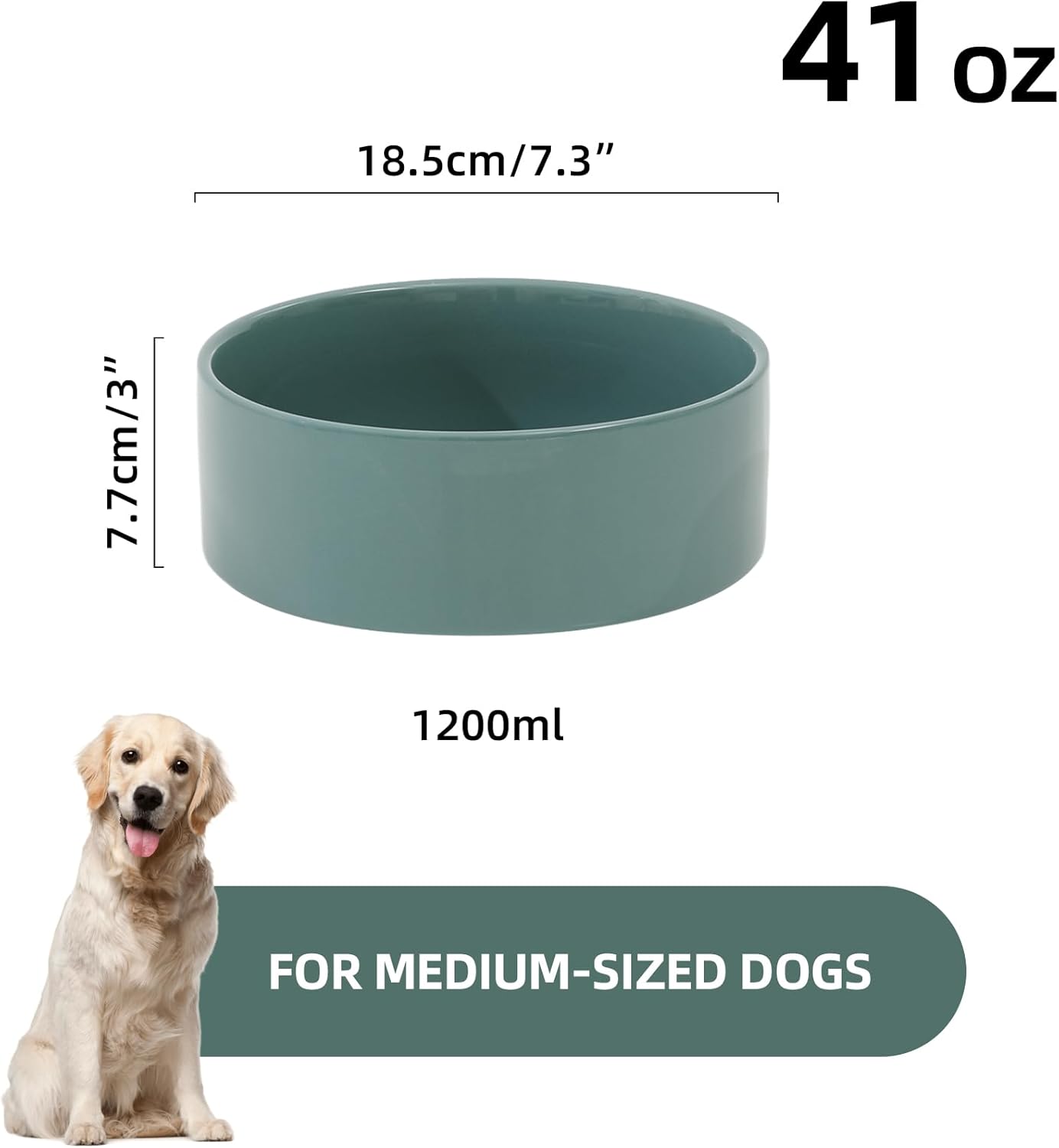 Ceramic 7.3inch Dog Bowl, Food and Water Bowl for Medium Breed Dog, Pet Feeder for Replacement (Single Bowl, Dark Green) - Pet Explorer
