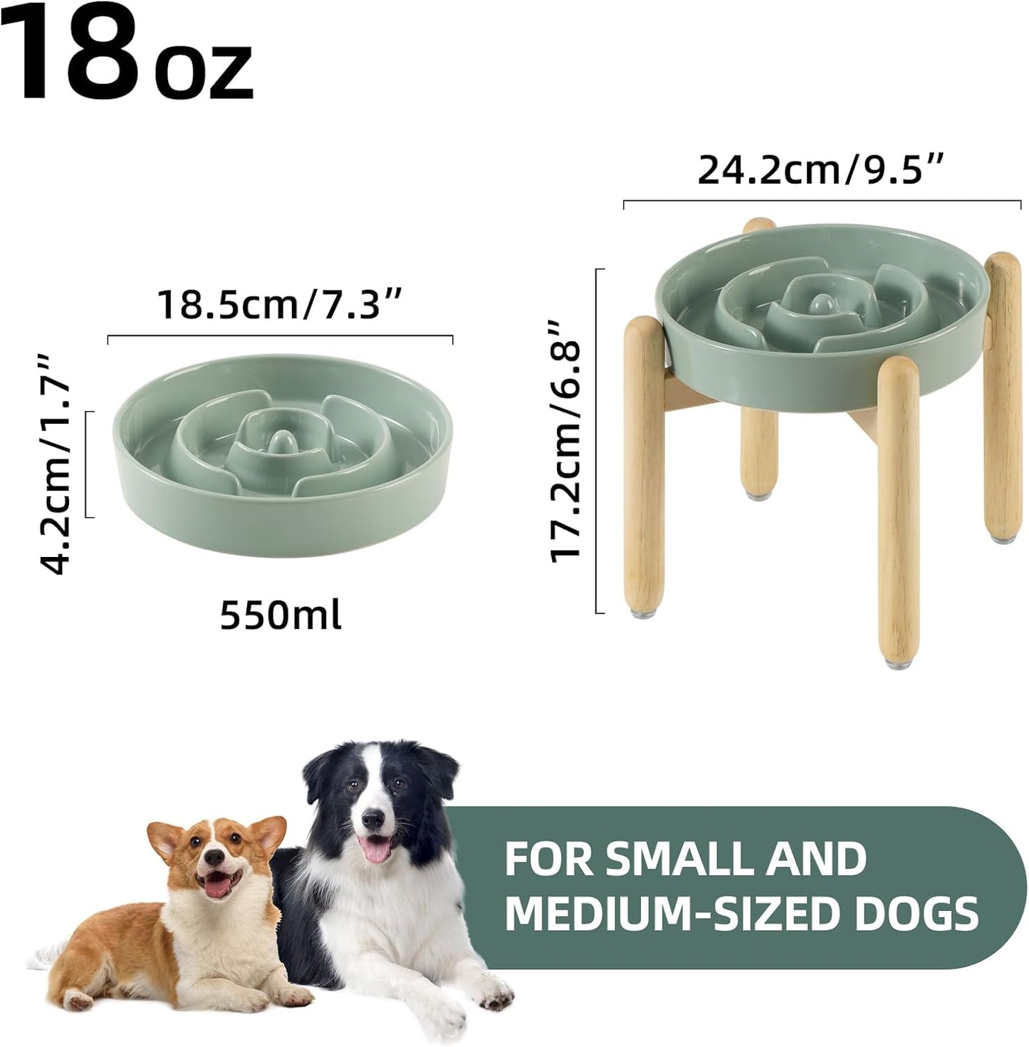 7.3inch Ceramic Raised Slow Feeder Dog Bowl Set, Elevated Wooden Stand for Medium and Small Dog, Puzzle Slow Dish, Preventing Choking(Light Green, Single Bowl+ Stand) - Pet Explorer