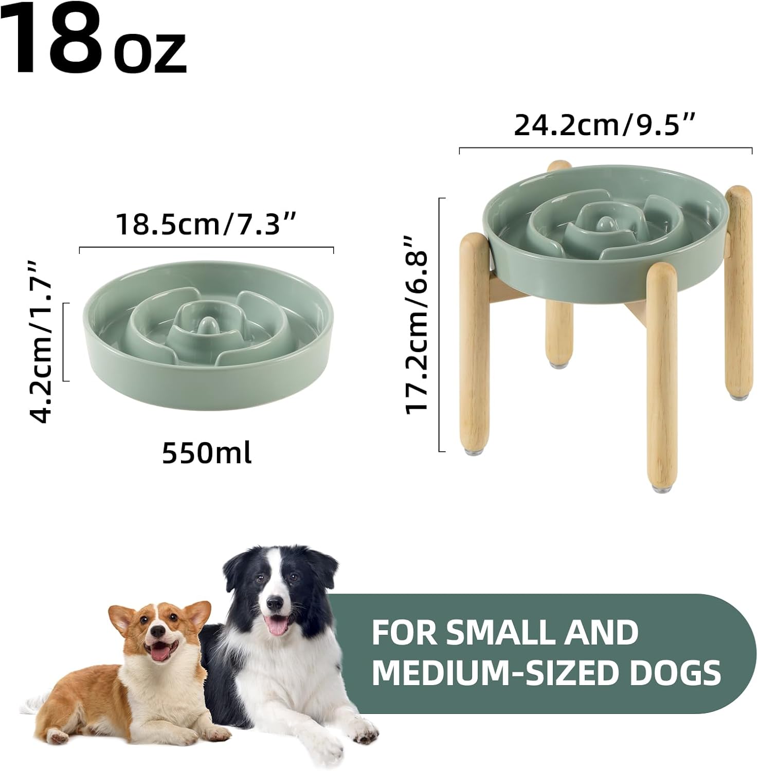 7.3inch Ceramic Raised Slow Feeder Dog Bowl Set, Elevated Wooden Stand for Medium and Small Dog, Puzzle Slow Dish, Preventing Choking(Light Green, Single Bowl+ Stand) - Pet Explorer