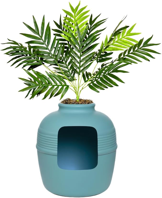 Good Pet Stuff Hidden Litter Box Planter, Decorative Cat Litter Enclosure with Carbon Filter, Artificial Plant, Easy Clean, Improved Design, Round Style, Base Kit, Coastal Blue