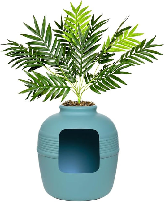 Good Pet Stuff Hidden Litter Box Planter, Decorative Cat Litter Enclosure with Carbon Filter, Artificial Plant, Easy Clean, Improved Design, Round Style, Base Kit, Coastal Blue