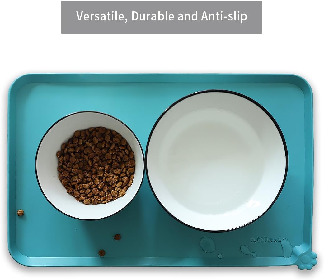 Hoki Found Silicone Pet Food Mats Tray - Non Slip Cat & Dog Bowl Mats - Waterproof & Pet-Friendly for Carpet - Glacier - Pet Explorer