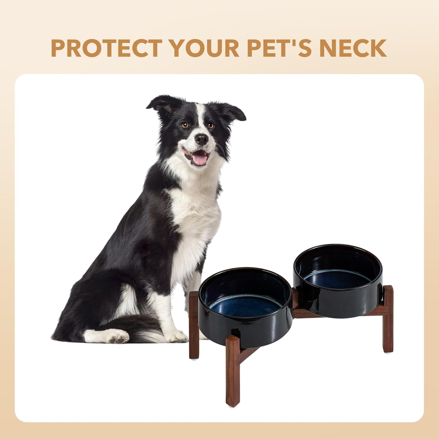 Ceramic 7.3inch Raised Double Dog Bowls Set with Acacia Wood Stand, Food & Water Bowls for Medium Breed Dogs, Weighted Pet Dishes(41oz, Starry Sky) - Pet Explorer