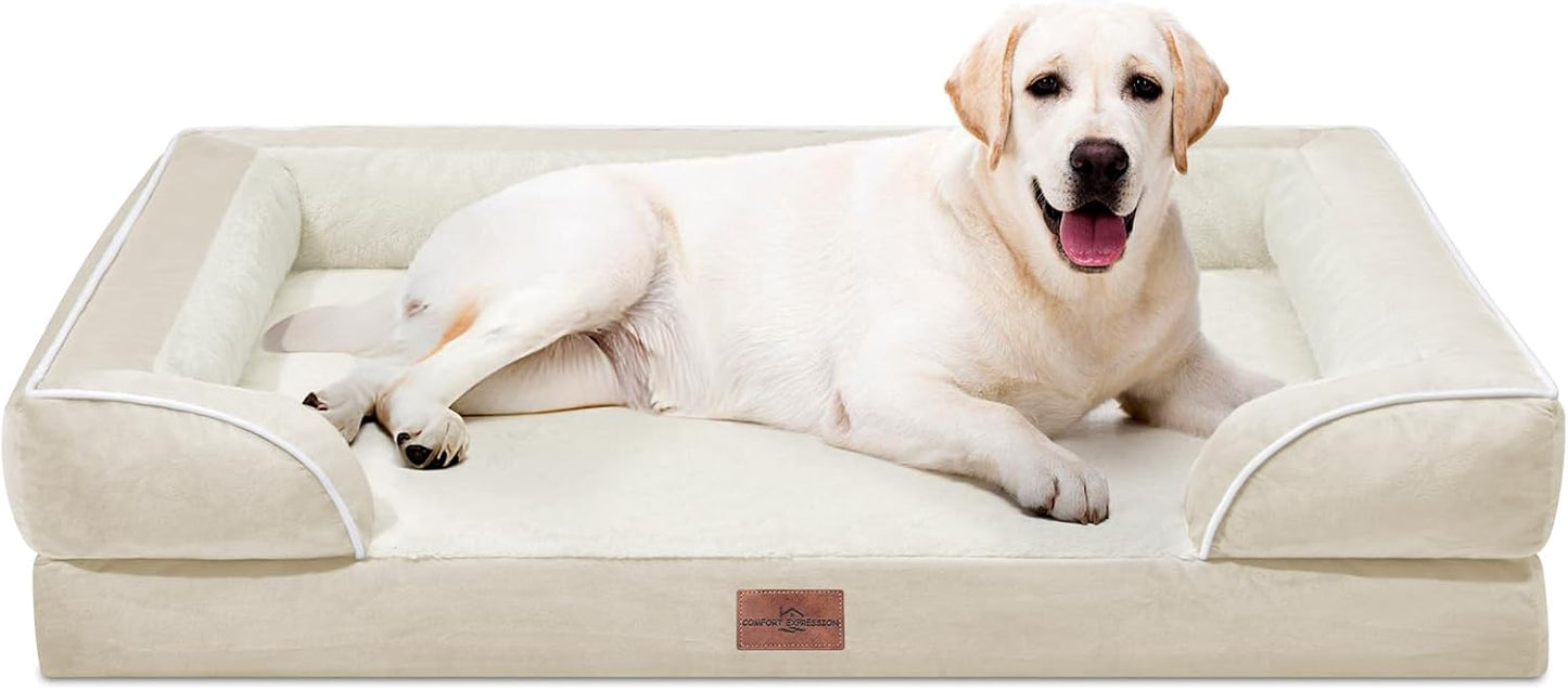 Comfort Expression Orthopedic Jumbo Dog Beds Waterproof, Extra Large Dog Beds Jumbo Breed, PV Washable Pet Sofa Couch with Removable Cover & Non-Slip Bottom(Beige) - Pet Explorer
