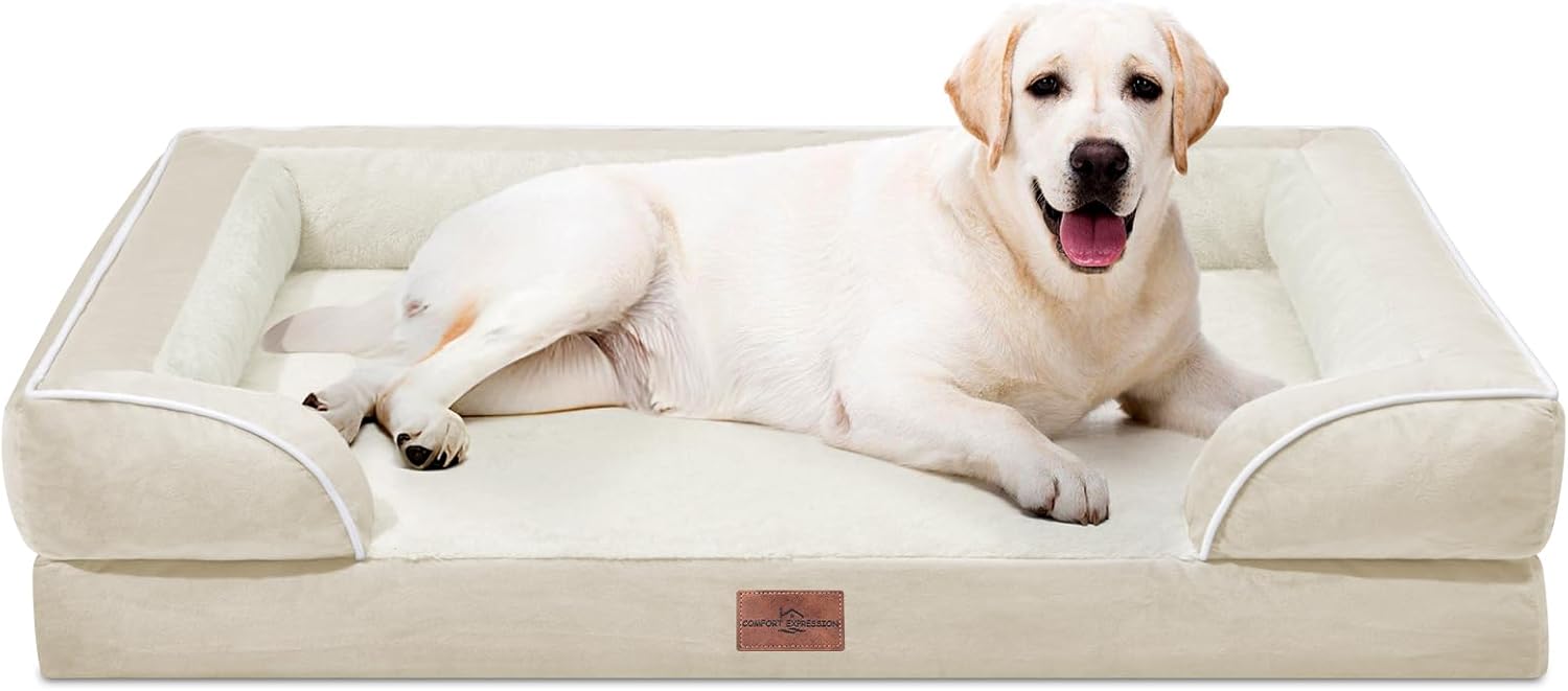 Comfort Expression Orthopedic Jumbo Dog Beds Waterproof, Extra Large Dog Beds Jumbo Breed, PV Washable Pet Sofa Couch with Removable Cover & Non-Slip Bottom(Beige) - Pet Explorer