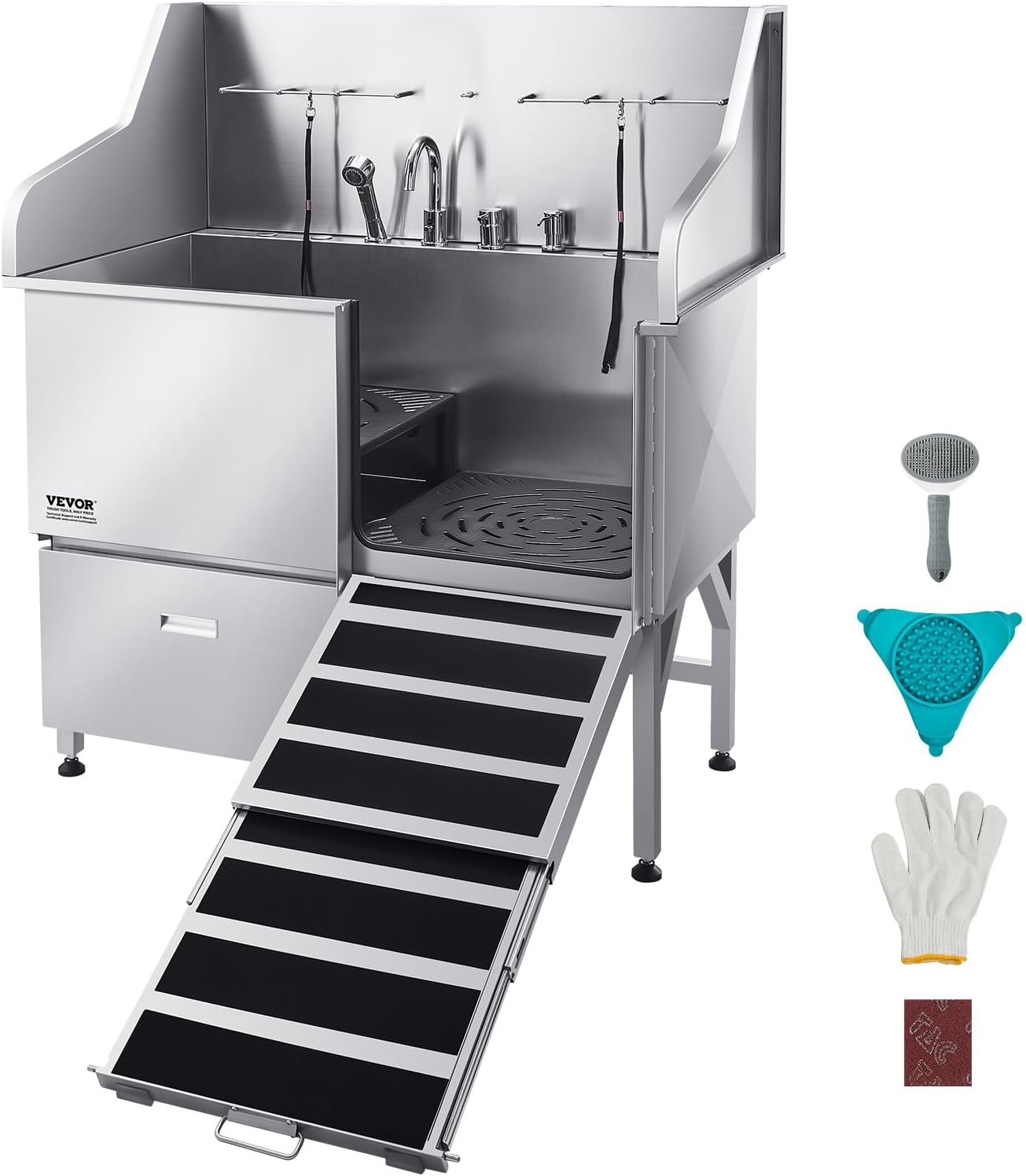 VEVOR Professional 304 Stainless Steel Dog Bathing Station, 50 inch Pet Grooming Tub w/Anti-Slip ramp, Storage Drawer, Cold Hot Faucet Showerhead, for Large & Medium & Small (Right Door, with Drawer) - Pet Explorer