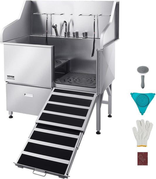 VEVOR Professional 304 Stainless Steel Dog Bathing Station, 50 inch Pet Grooming Tub w/Anti-Slip ramp, Storage Drawer, Cold Hot Faucet Showerhead, for Large & Medium & Small (Right Door, with Drawer) - Pet Explorer