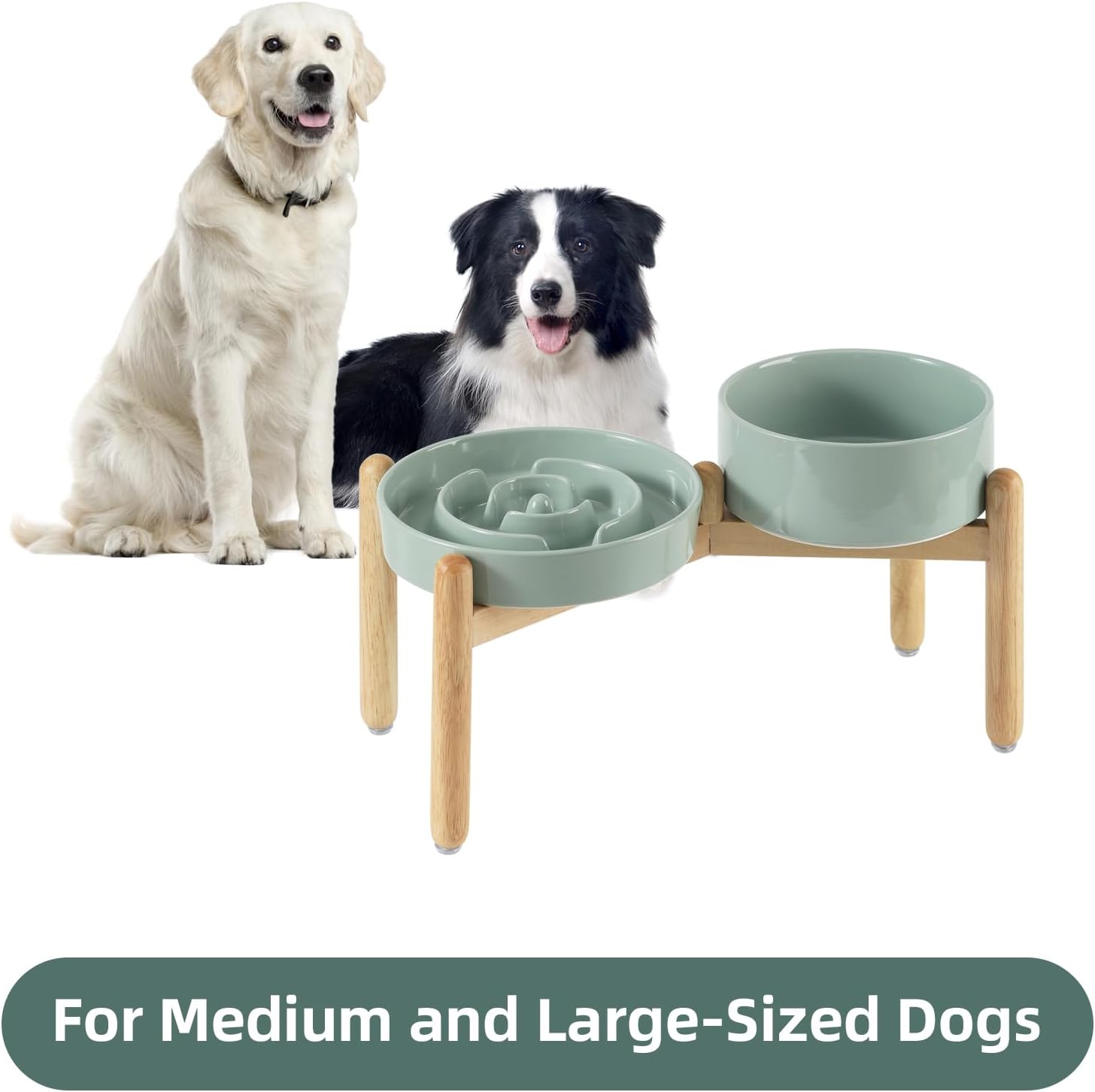 Ceramic Raised Slow Feeder Dog Bowl Set, Elevated 7.3inch Bowl and 8.2inch Puzzle Slow Dish with Wooden Stand for Medium and Large Dog, Anti-Gulping (2X Light Green+ Stand) - Pet Explorer
