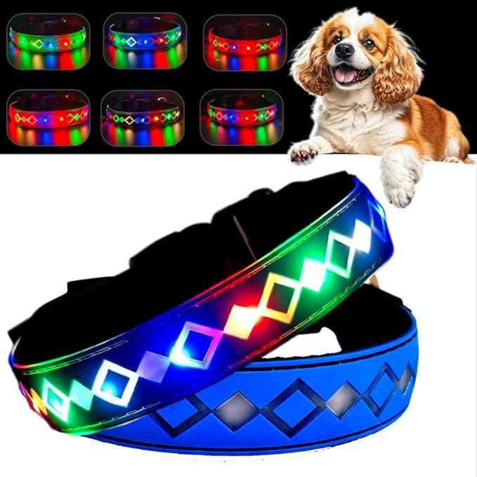 LED Dog Collar with AirTag Holder and Custom ID Tag, 15 Light Modes, Waterproof, Multiple Colors (Blue Pro, L(15.7-19.7"))